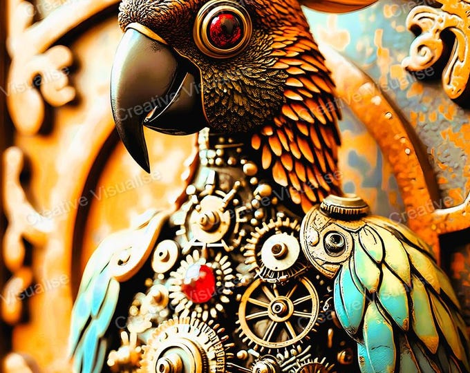 Robot Parrot Wall Art Printable | Futuristic Bird Digital Download PDF & JPEG