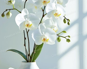 Białe kwiaty orchidei w białym wazonie, drukowana sztuka ścienna, elegancki kwiatowy wystrój domu
