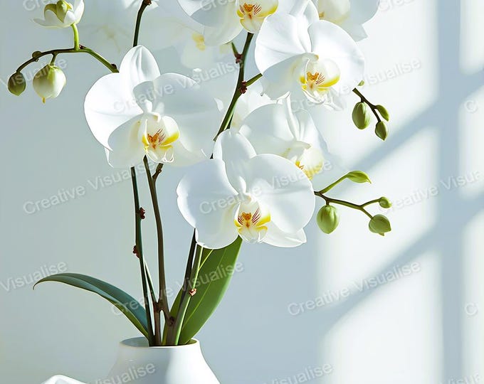 Featured listing image: White Orchid Flowers in White Vase Printable Wall Art Elegant Floral Home Decor