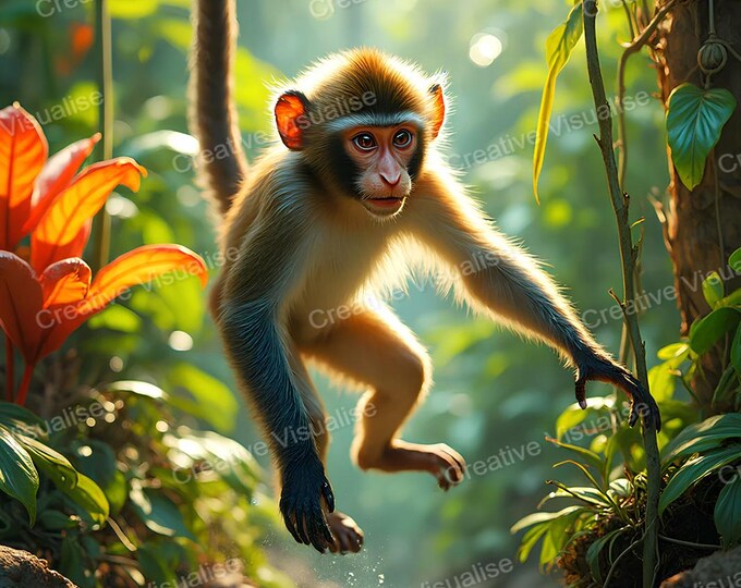 Monkey Jumping Over Forest Stream Among Flowers and Trees Wildlife Nature Art Print