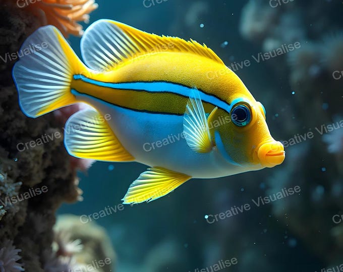 Yellow and Blue Aquarium Fish Swimming Gracefully Above Colorful Seabed
