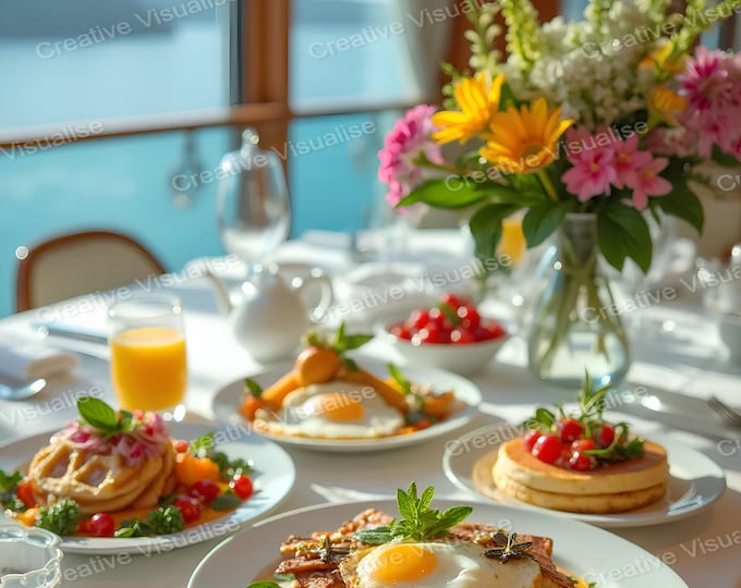 Beachside Breakfast Table with Eggs, Pancakes, Fruits, and Juice – Sunny Coastal Dining Scene