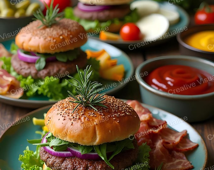 Porcelain Plates with Hamburgers, Deli Meats, Crisps, and Fresh Vegetable Garnishes- Gourmet Serving Table