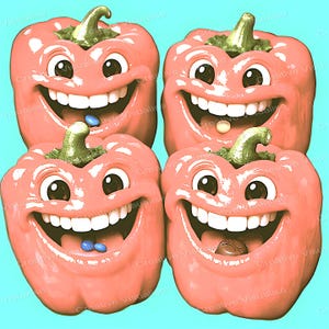 Four Happy Red Bell Peppers with Faces on Green Background Funny Food Art Print
