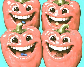 Four Happy Red Bell Peppers with Faces on Green Background Funny Food Art Print
