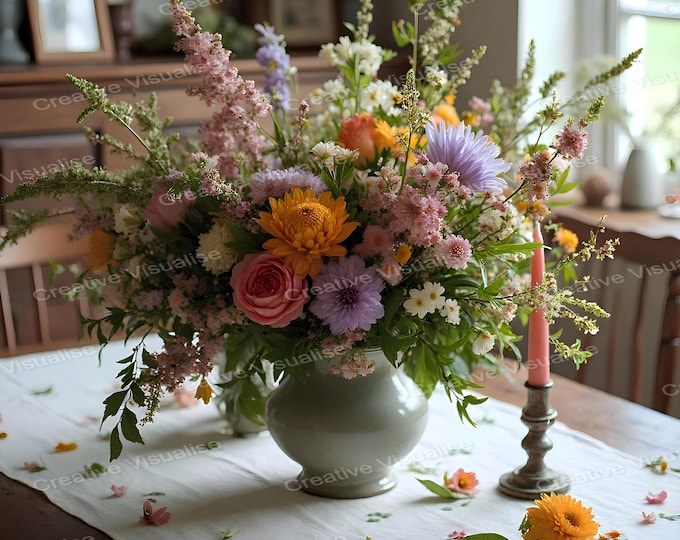 Colorful Flower Bouquet in Vase with Candle on Rustic Table – Cozy Farmhouse Wall Art