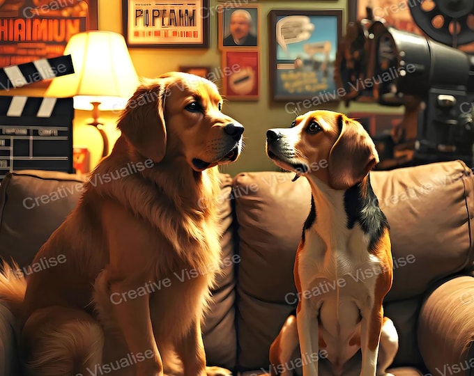 Two Dogs Sitting on Sofa in Cinema Hall with Filming Decorations