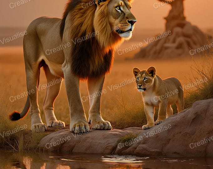 Lion with Cub by Water in Savanna – Tender Wildlife Family Nature Wall Art