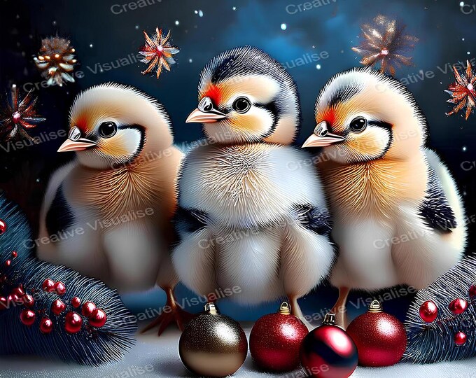 Chicks and Christmas Mascots in Snowy Night – Festive Winter Farm Scene