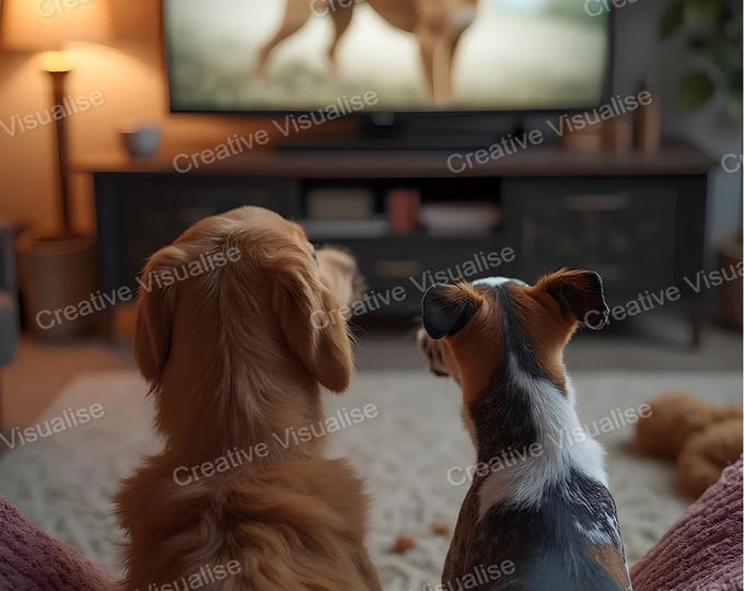 Two Dogs Sitting on Carpet Watching Dog Movie on Television in Cozy Living Room