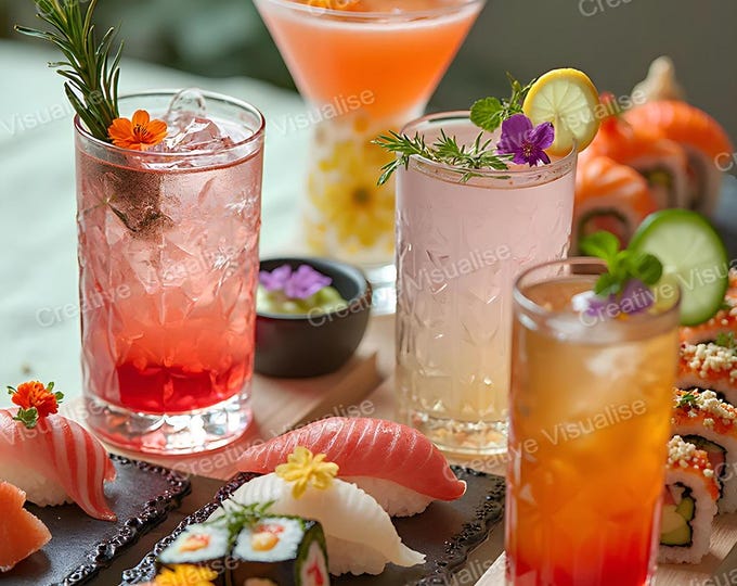 Restaurant Table Setting with Seafood Sushi, Vegetable Sushi, and Assorted Drinks – Elegant Dining Scene