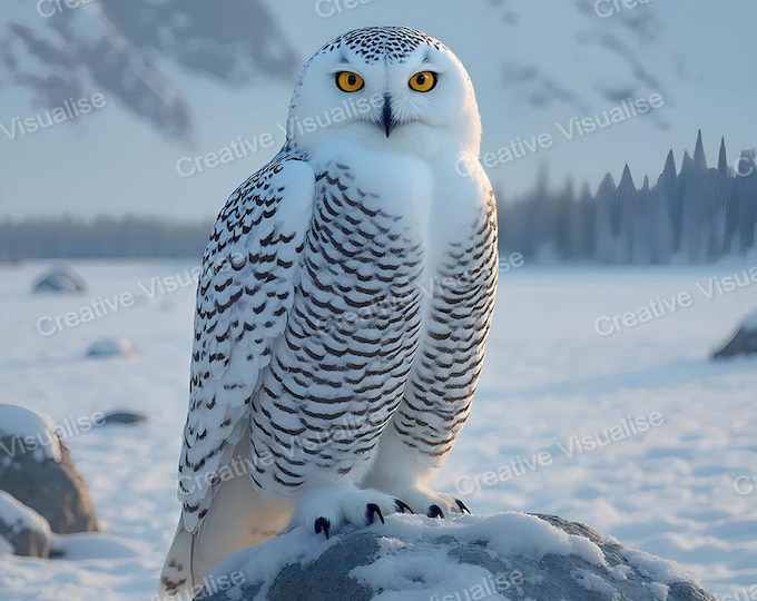 Snowy Owl Standing on Stone Near Ground in Snowy Mountain Forest Environment