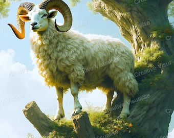 Schafbock mit langen Hörnern auf Baumstamm schauend Wildtiere Kunstdruck