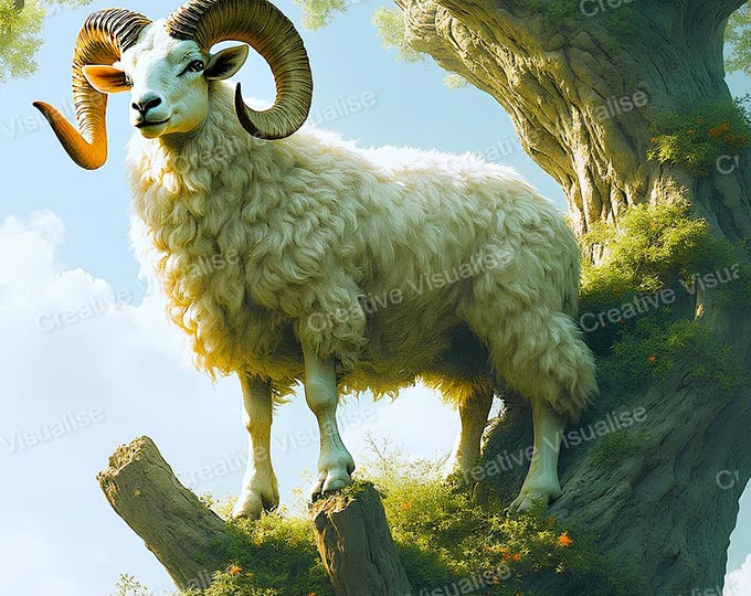 Ram with Long Horns Standing on Tree Trunk Looking at Horizon Wildlife Art Print