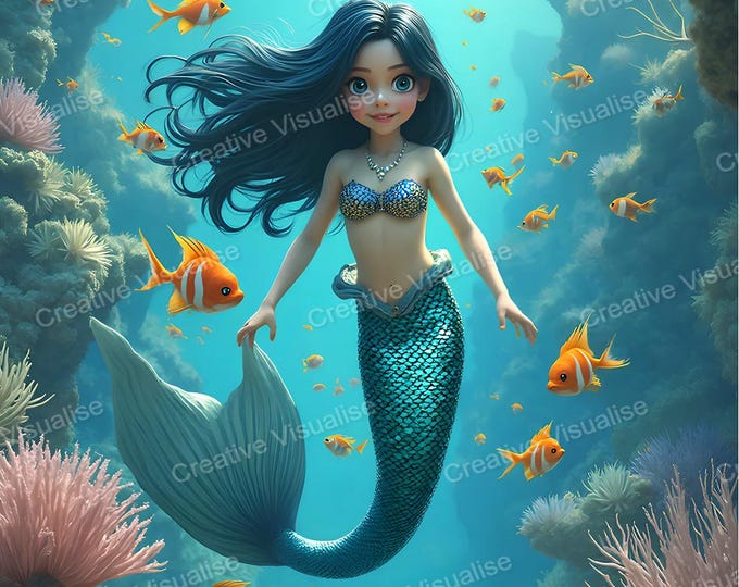 Mermaid Girl Underwater with Sea Turtle Above and Colorful Fish in Ocean
