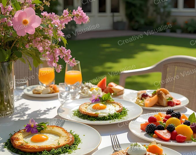 Royal Garden Breakfast Table with Croissants, Cakes, Whipped Cream, Fruit, Orange Juice, and Flowers