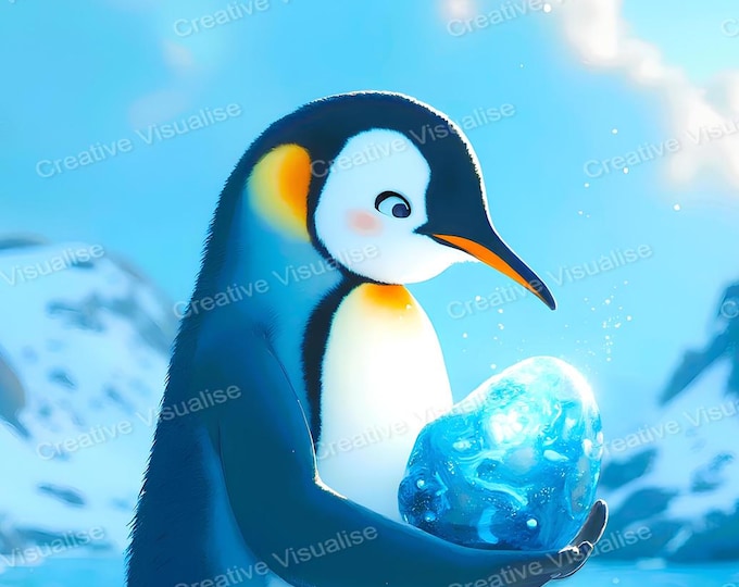 Penguin with Blue Crystal Wall Art Printable | Whimsical Digital Download PDF & PNG