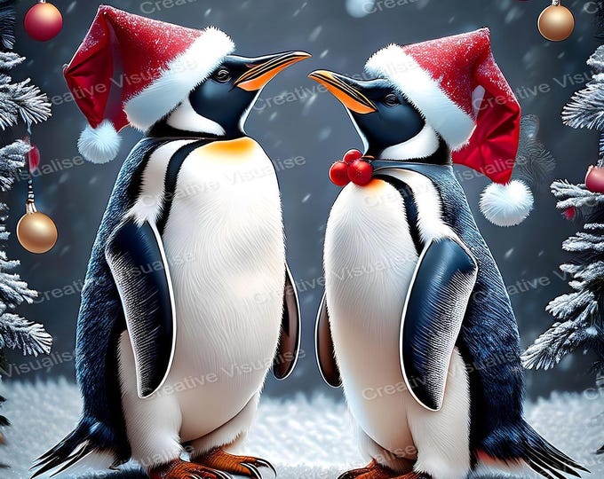 Penguins Wearing Christmas Hats with Festive Decorations and Snowy Pine Trees – Holiday Digital Print