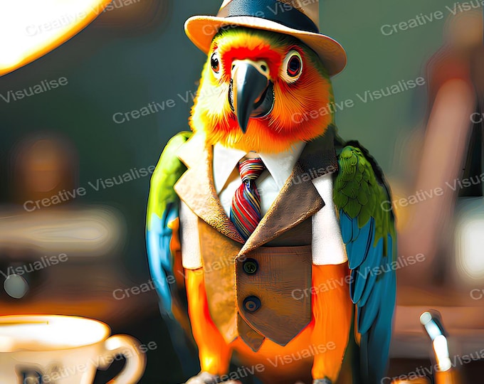 Parrot as an Inspector Printable Wall Art Funny Tropical Bird Digital Download for Decor