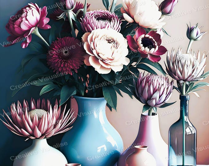 Pale Flower Bouquets in Different Vases Printable Wall Art Elegant Table Home Decor