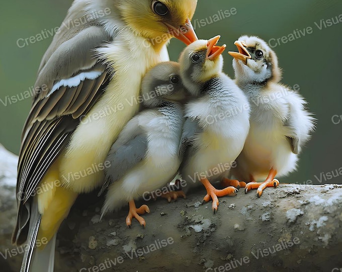 Bird Feeding Fledglings on Branch Printable Wall Art, Digital PNG PDF 300 DPI