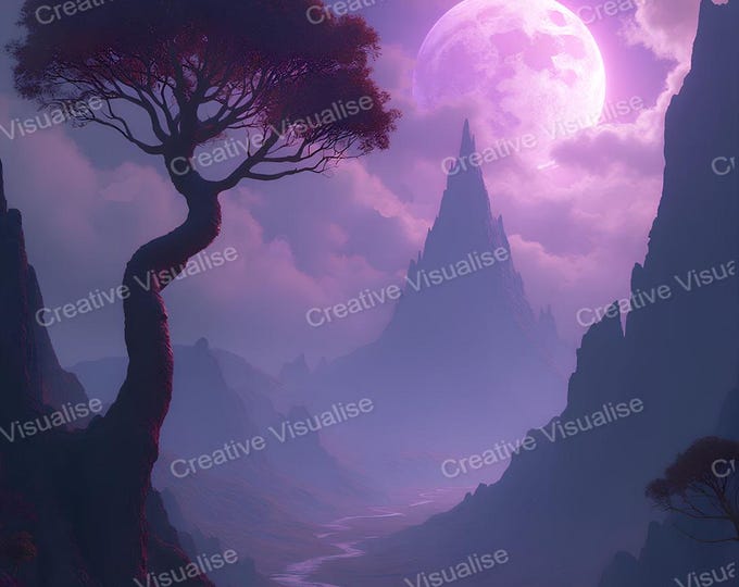 Tree in Valley with Mountains and Large Moon on Cloudy Purple Night – Dreamy Landscape