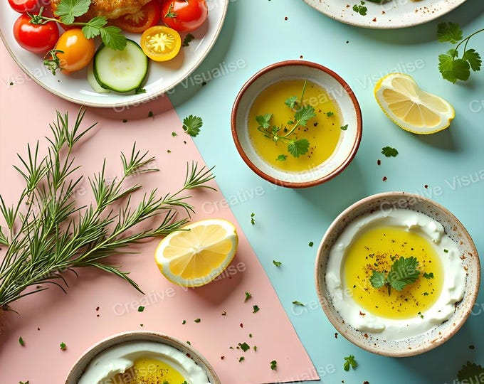 Rustic Half-Eaten Table of Local Cuisine with Fried Fish, Garlic-Lemon Sauce, and Vegetables