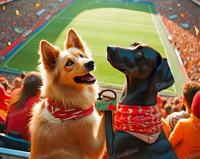 Two Dogs in Love at Stadium with Wedding Ring Watching Football Game Art Print