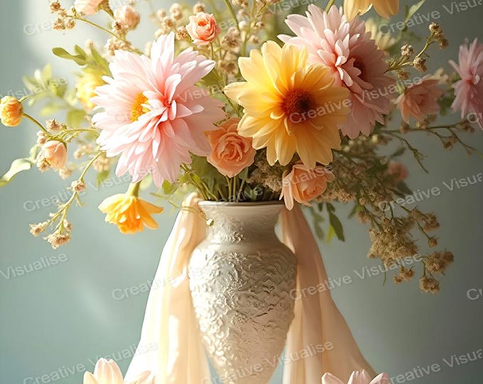 Fashionable colorful flowers in a vintage white ceramic vase with Tablecloth Decoration Printable Wall Art