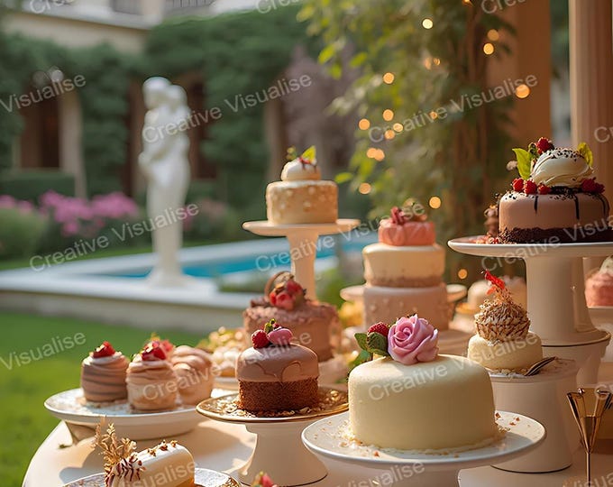 Garden Courtyard Table with Birthday, Wedding, and Cream Cakes Displayed Beside Pond