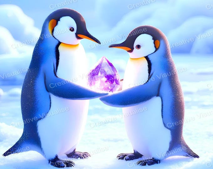 Penguins with Purple Stone Wall Art Printable | Whimsical Digital Download PDF & PNG