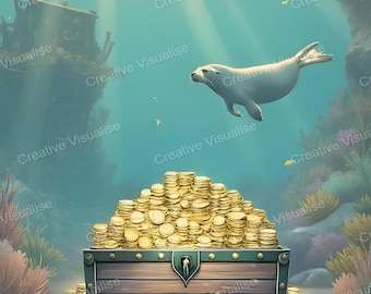 Sunken Shipwreck with Treasure Chest Full of Gold Coins and Seal Swimming Above