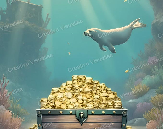 Sunken Shipwreck with Treasure Chest Full of Gold Coins and Seal Swimming Above