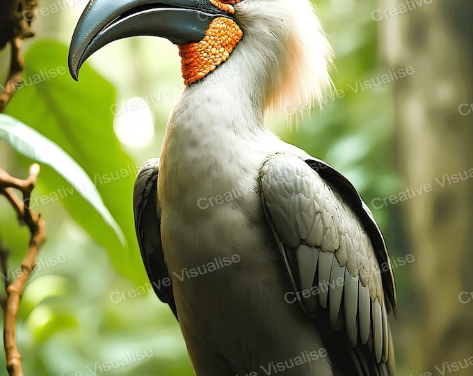 Malabar Grey Hornbill on Branch Printable Wall Art Digital Download High Resolution PNG PDF