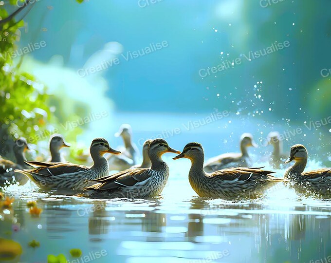 Ducks in River Wildlife Printable Wall Art, Nature Digital PNG PDF 300 DPI