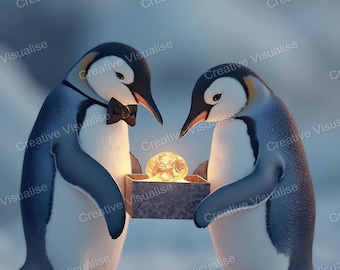Zwei verliebte Pinguine im Schnee, die ein glänzendes goldenes Kristallgeschenk mit einer Box geben