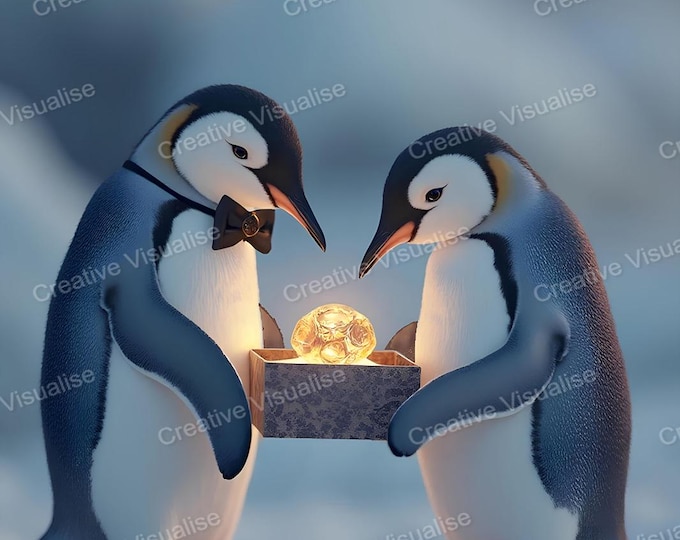 Two Penguins in Love in the snow, giving a shiny golden crystal gift with a box