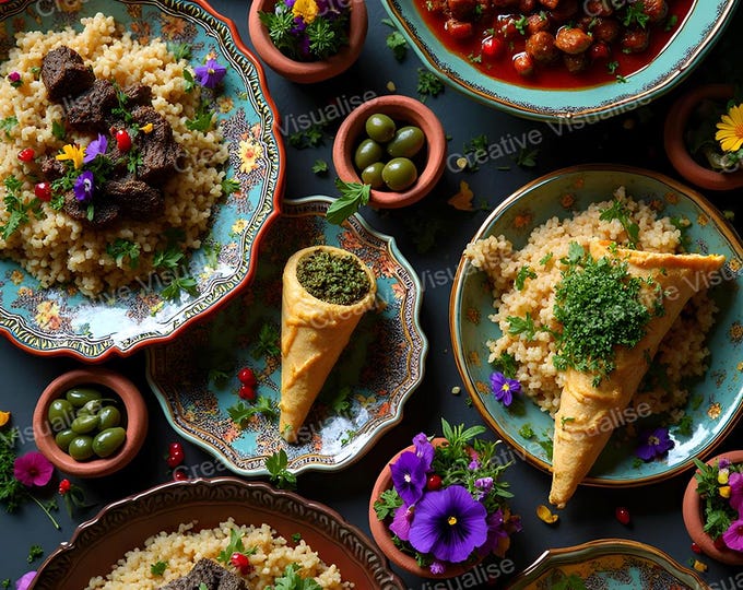 Traditional Couscous Dish with Stews, Side Dishes, and Decorations on Rustic Table
