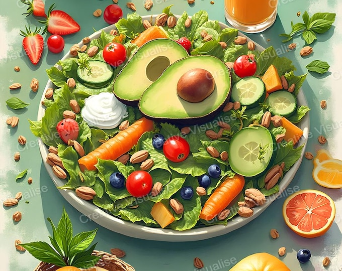 Plate of Chopped Fruits and Vegetables with Avocado, Cucumber, Carrot, Tomato, Orange Juice