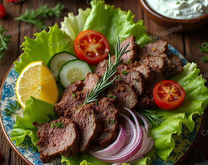Grilled Meat Plate with Lettuce, Onion, Tomato, Lemon, Yogurt, and Bread– Traditional Feast Table