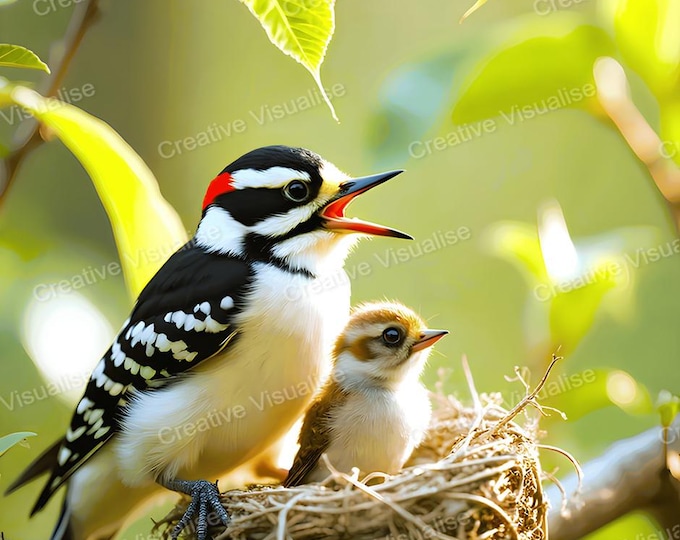 Bird with Fledgling in Nest Printable Wall Art, Digital PNG PDF 300 DPI