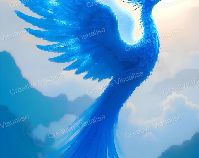 Blue Fire Phoenix Wall Art Printable | Fantasy Bird Digital Download PDF & PNG