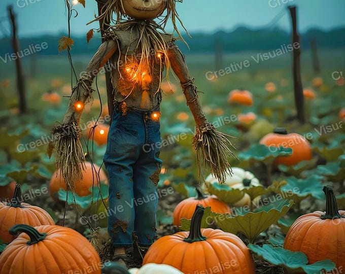 Pumpkin Field with Scarecrow at Night Printable Wall Art Autumn Harvest Digital Download Decor