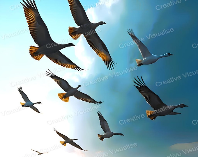 Swans and Geese in Flight at Sunset Artwork, Digital Print PNG PDF 300 DPI