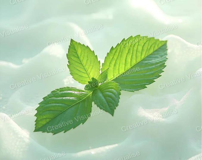 Fresh Mint Leaves on Sugar or Cream Surface with White Background – Minimal Food Photography