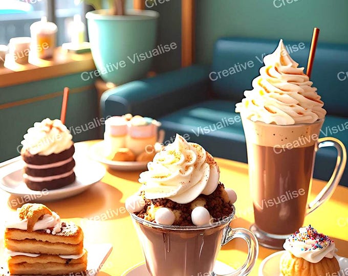 Coffee Ice Cream with Cake, and Cup of Hot Chocolate on Café Table