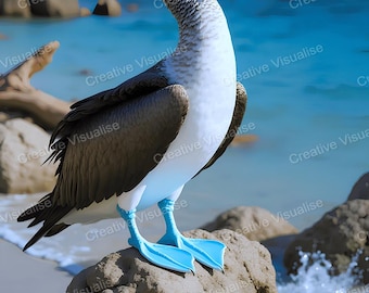 Blue-Footed Booby Bird Standing on Rock at Beach in Coastal City Landscape