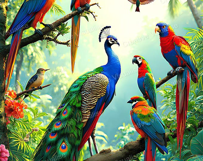 Colorful Exotic Birds on a Branch Printable Wall Art Digital Download High Resolution PNG PDF