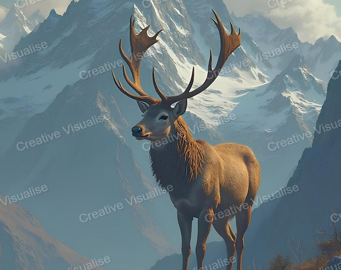 Caribou Deer Standing on Mountain with Majestic Snowy Peak Under Bright Sunny Cloudy Sky