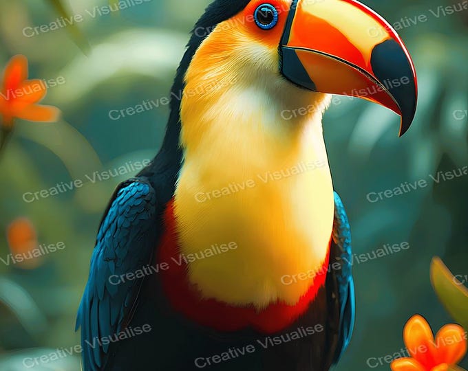 Toucan Bird in Flower Garden Printable Wall Art Digital Download High Resolution PNG PDF